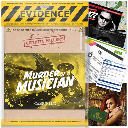 EVIDENCE bag containing the "Murder of a Musician" case file, documents, photos and reports for a mystery game