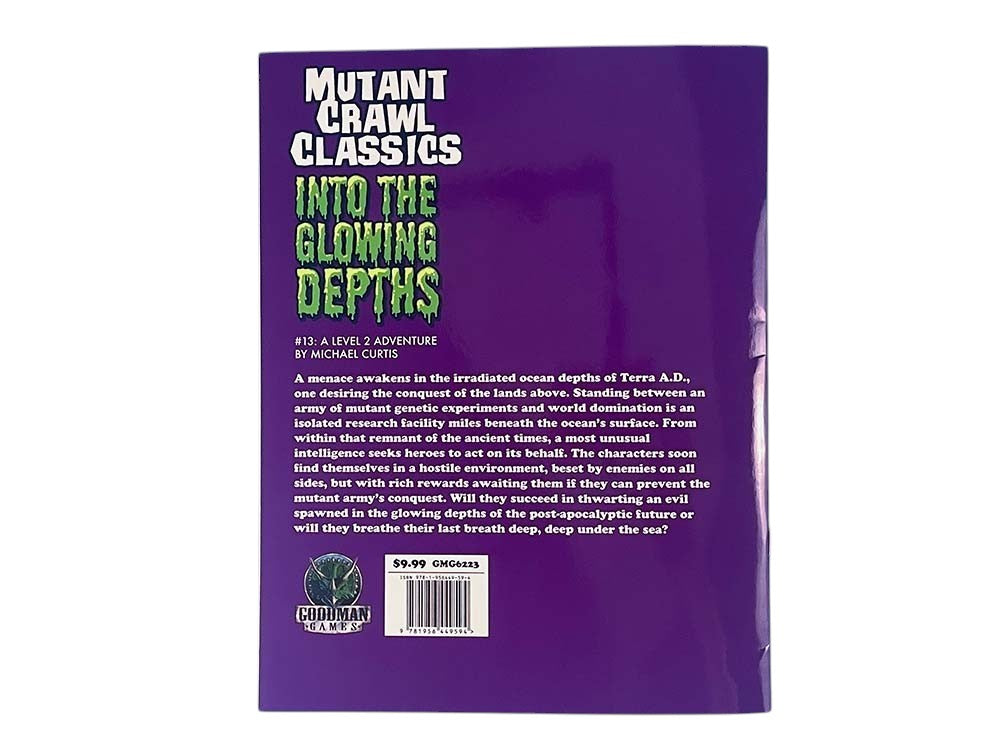 Back cover of a purple RPG module, 'Mutant Crawl Classics: Into the Glowing Depths', with descriptive text and Goodman Games logo