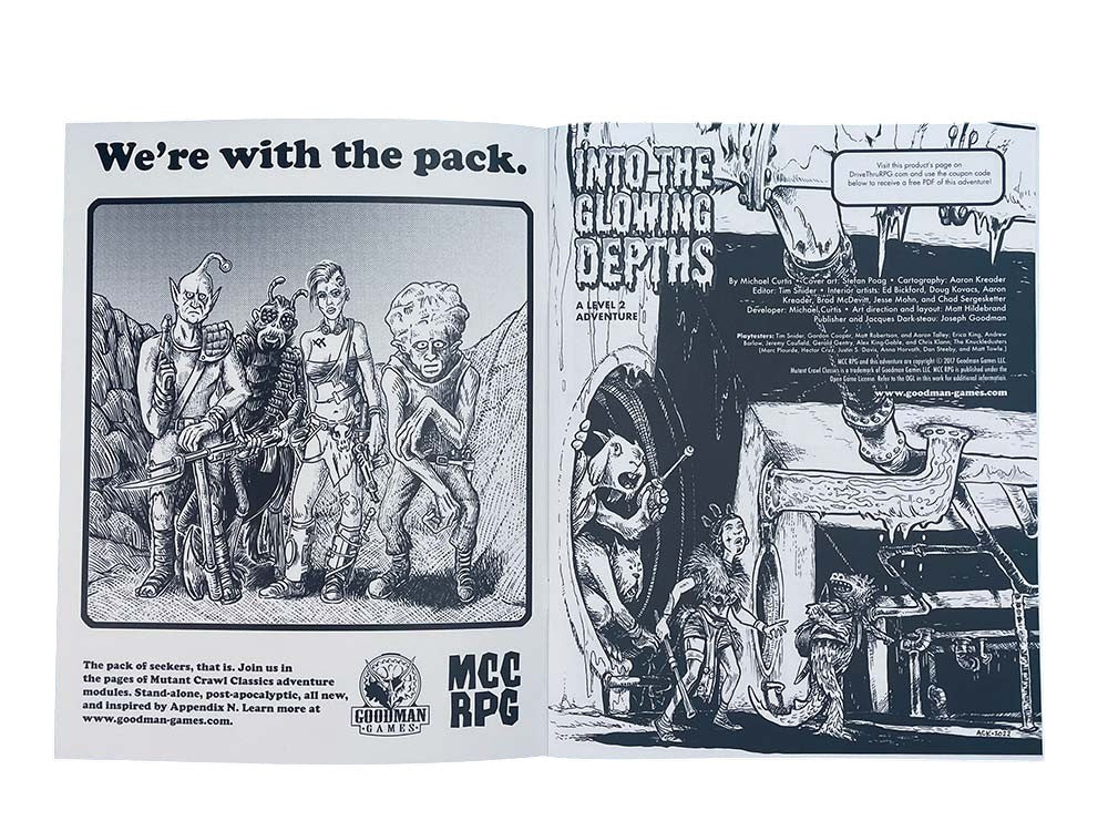 An open Goodman Games MCC RPG book, black-and-white art features grotesque mutant characters in post-apocalyptic settings