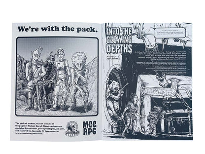 An open Goodman Games MCC RPG book, black-and-white art features grotesque mutant characters in post-apocalyptic settings