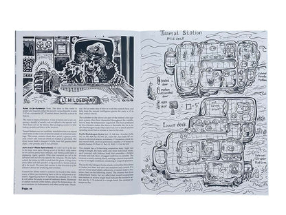 Black & white book spread: skeletal officer operating a console (left), Tiamat Station map (right)