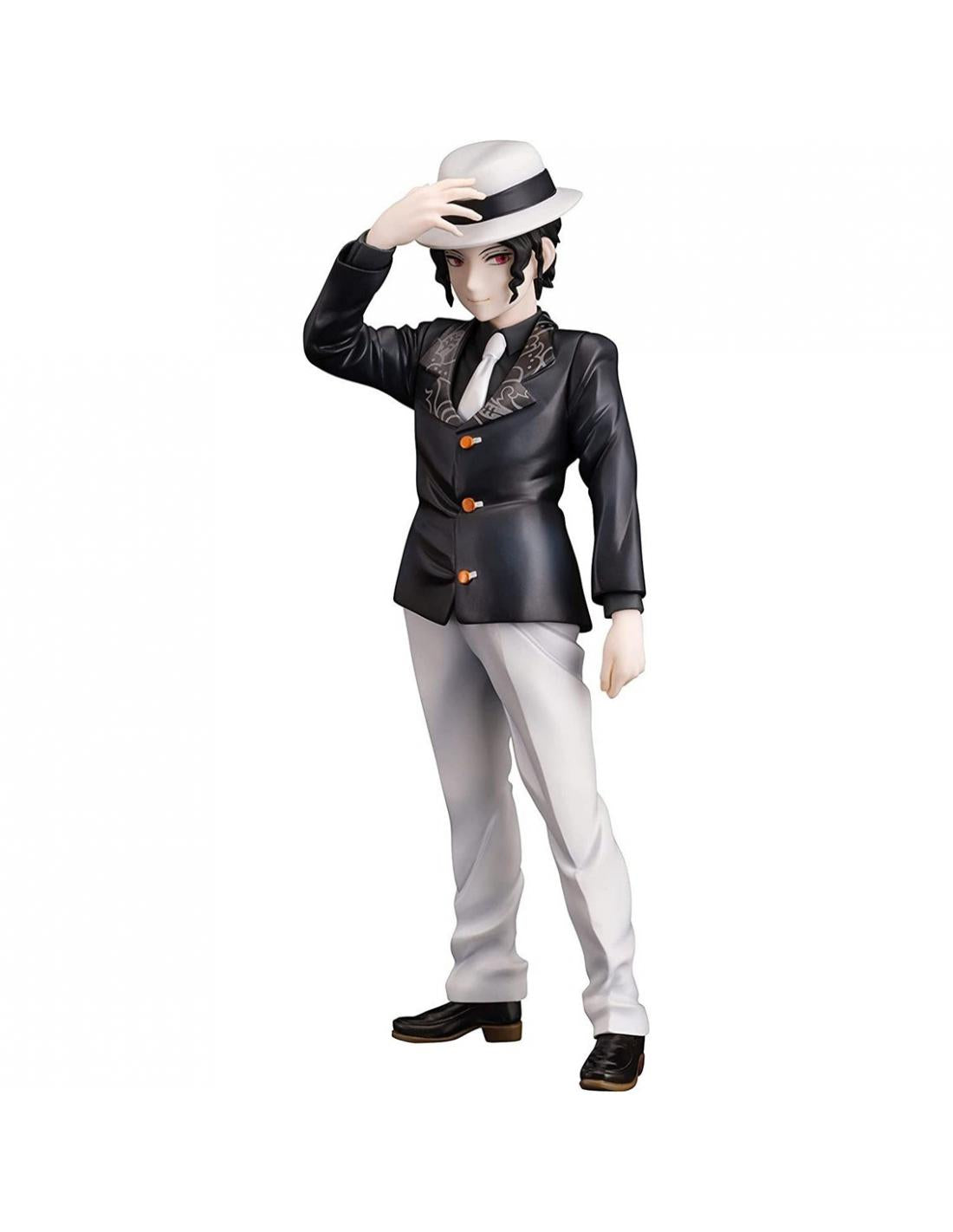 Anime figure of a character with red eyes, in a black blazer, white pants, and fedora, adjusting his hat