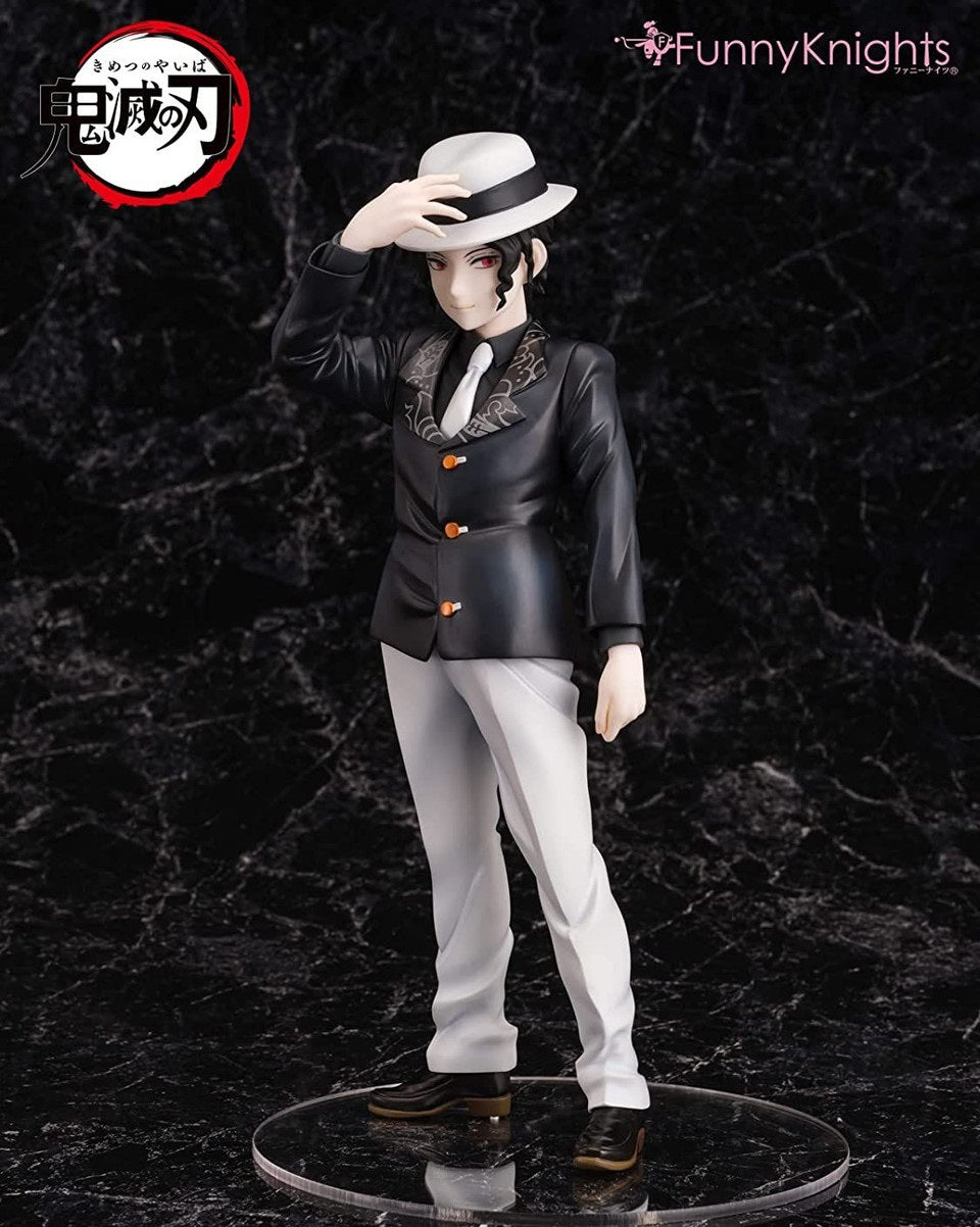 Anime figure of a character with red eyes, in a black blazer, white pants, and fedora, adjusting his hat om marble background