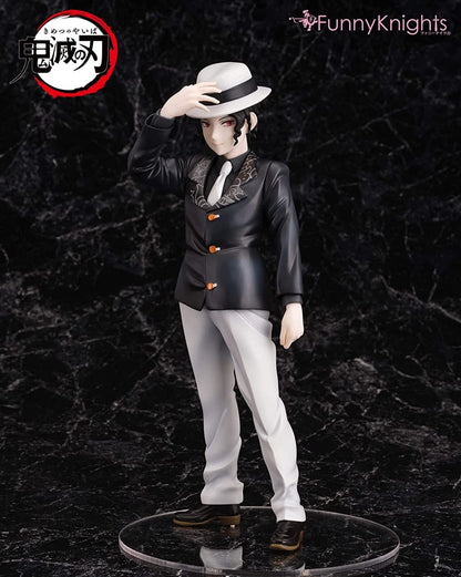 Anime figure of a character with red eyes, in a black blazer, white pants, and fedora, adjusting his hat om marble background