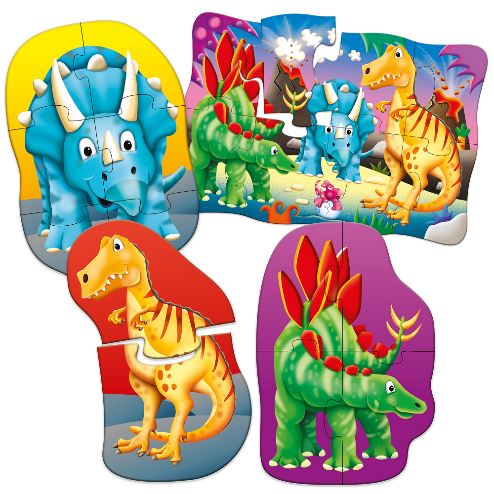 Four colourful dinosaur jigsaw puzzles: blue Triceratops, yellow T-Rex, and green Stegosaurus with volcano background