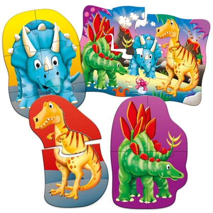 Four colourful dinosaur jigsaw puzzles: blue Triceratops, yellow T-Rex, and green Stegosaurus with volcano background