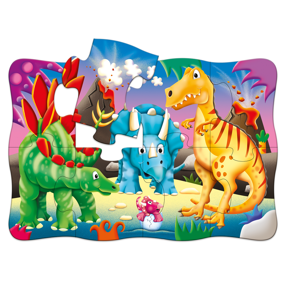 Colourful dinosaur puzzle missing a piece, features a Stegosaurus, Triceratops, T-Rex, and baby hatchling near an erupting volcano