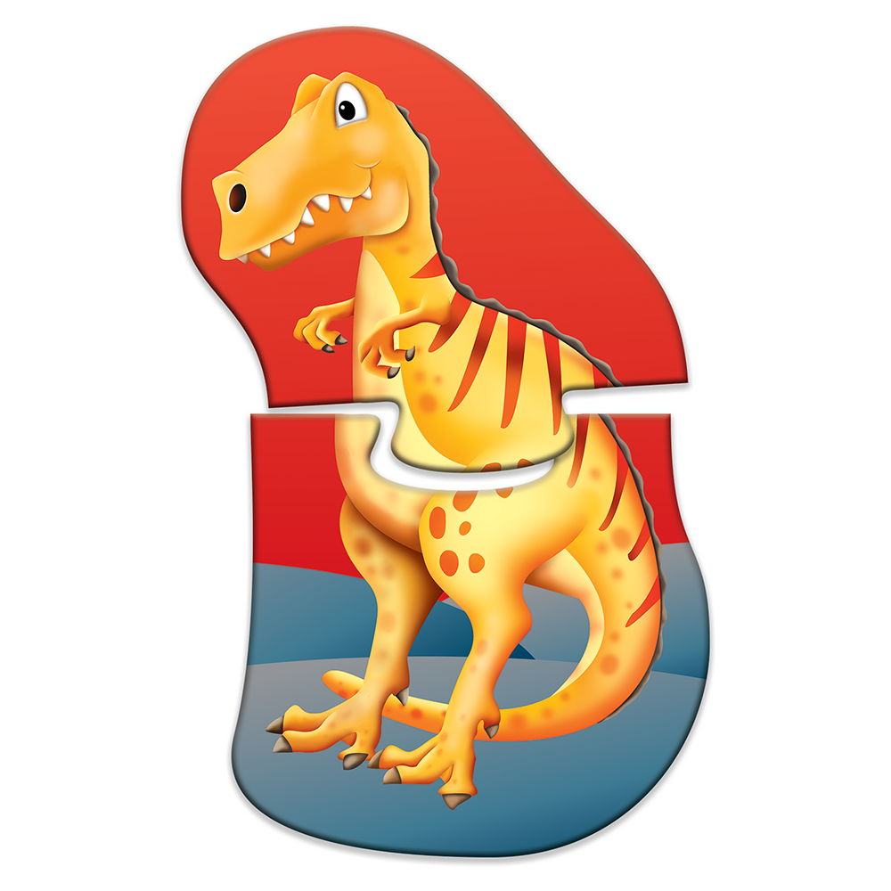 Jigsaw puzzle piece showing a cartoon orange Tyrannosaurus Rex on a red and blue backdrop