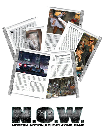 The N.O.W. Modern Action Role-Playing Game book displays dynamic illustrations of characters, combat, and game tables across open pages with the title at the bottom
