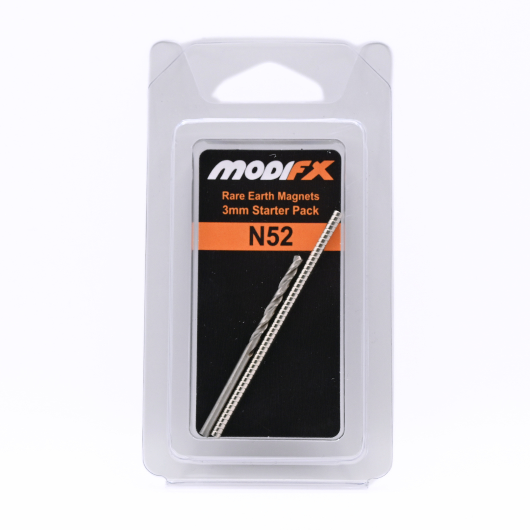 MODIFX N52 Rare Earth Magnets 3mm Starter Pack in clear blister packaging, showing a drill bit and several cylindrical magnets