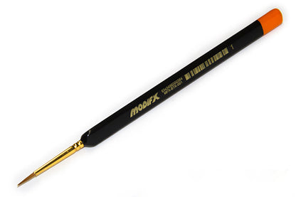 MODIFX fine detail paint brush with black handle, gold ferrule, brown bristles, and orange tip