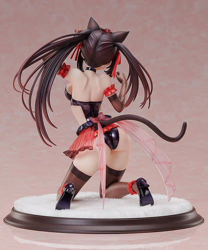 A kneeling anime cat girl figure from behind, in a black and red outfit, with cat ears and a tail