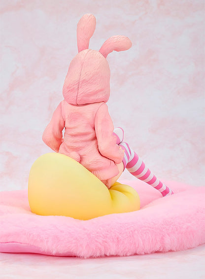 Back view of a figure in a pink bunny hoodie and striped thigh-highs, sitting on a yellow cushion on a pink fluffy rug