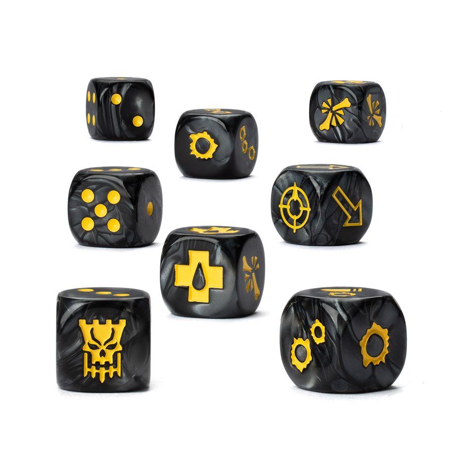 Set of eight black marbled gaming dice featuring yellow symbols, including a skull and cross icon