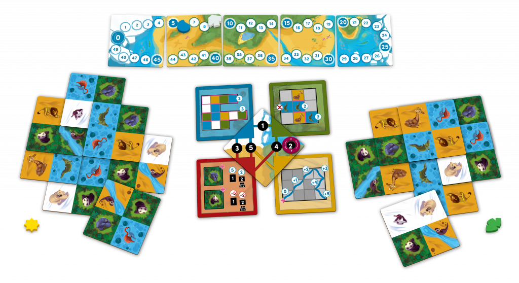 A colorful animal-themed board game setup, showing diverse terrain tiles, a numbered score track, and central game boards