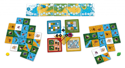 A colorful animal-themed board game setup, showing diverse terrain tiles, a numbered score track, and central game boards