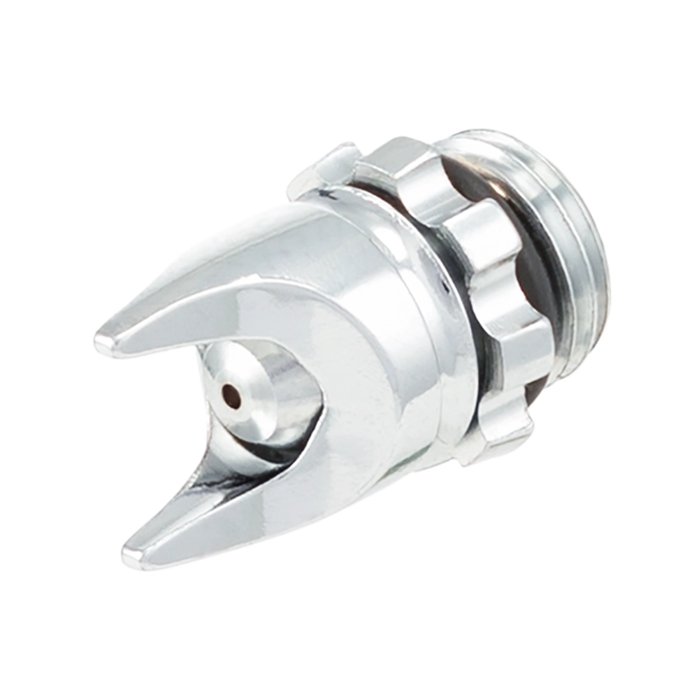 A single chrome airbrush aircap features a pointed front with an orifice and a threaded base