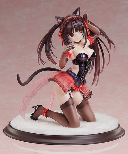 Anime cat-girl figure kneeling playfully in a black corset, red skirt, stockings, and high heels