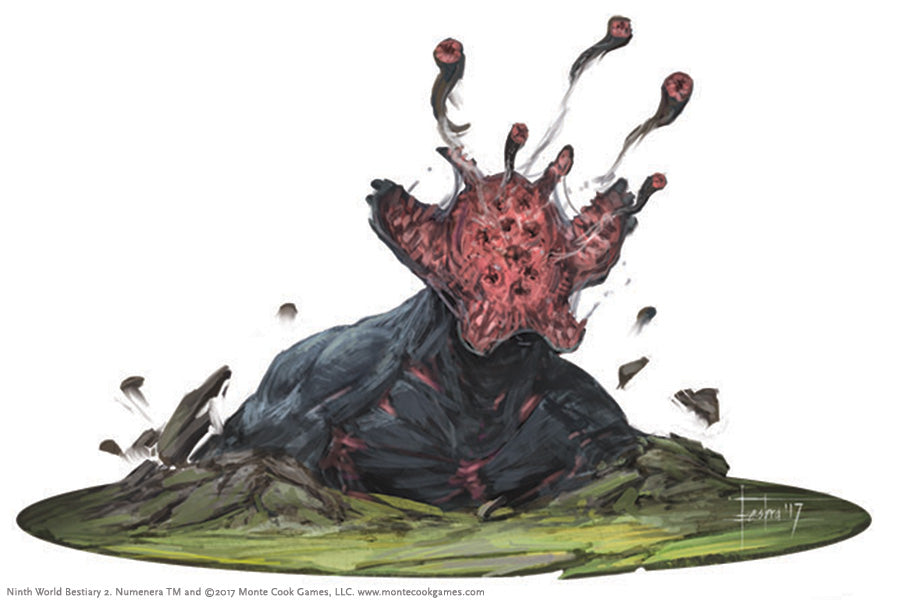 A dark, muscular alien creature with a red, multi-eyed head and smoking tendrils emerges from cracked earth