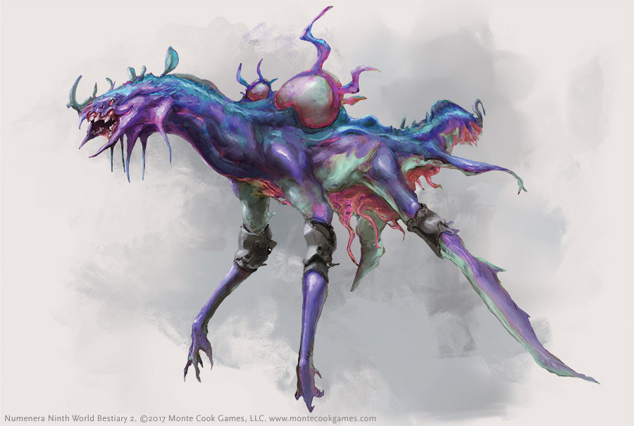 Grotesque purple-blue alien creature with fanged mouth, horns, armored legs, and exposed pink organs