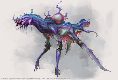 Grotesque purple-blue alien creature with fanged mouth, horns, armored legs, and exposed pink organs