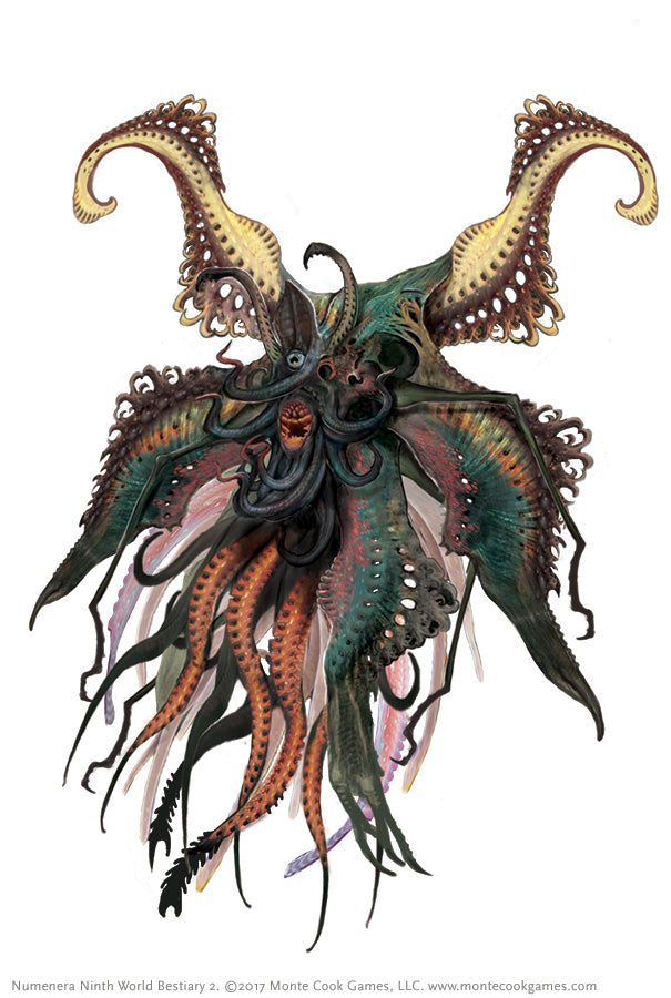 An ornate, multi-tentacled alien creature with a central head, colourful tentacles, broad frilled wings, and two large curved horns, depicted floating