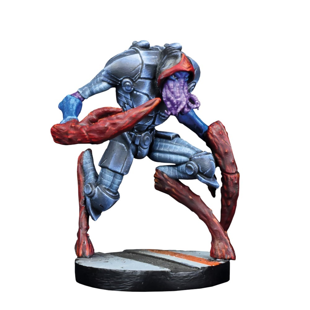 A blue-gray armored alien miniature with a purple tentacled head, red organic legs, and a red weapon, in a crouch