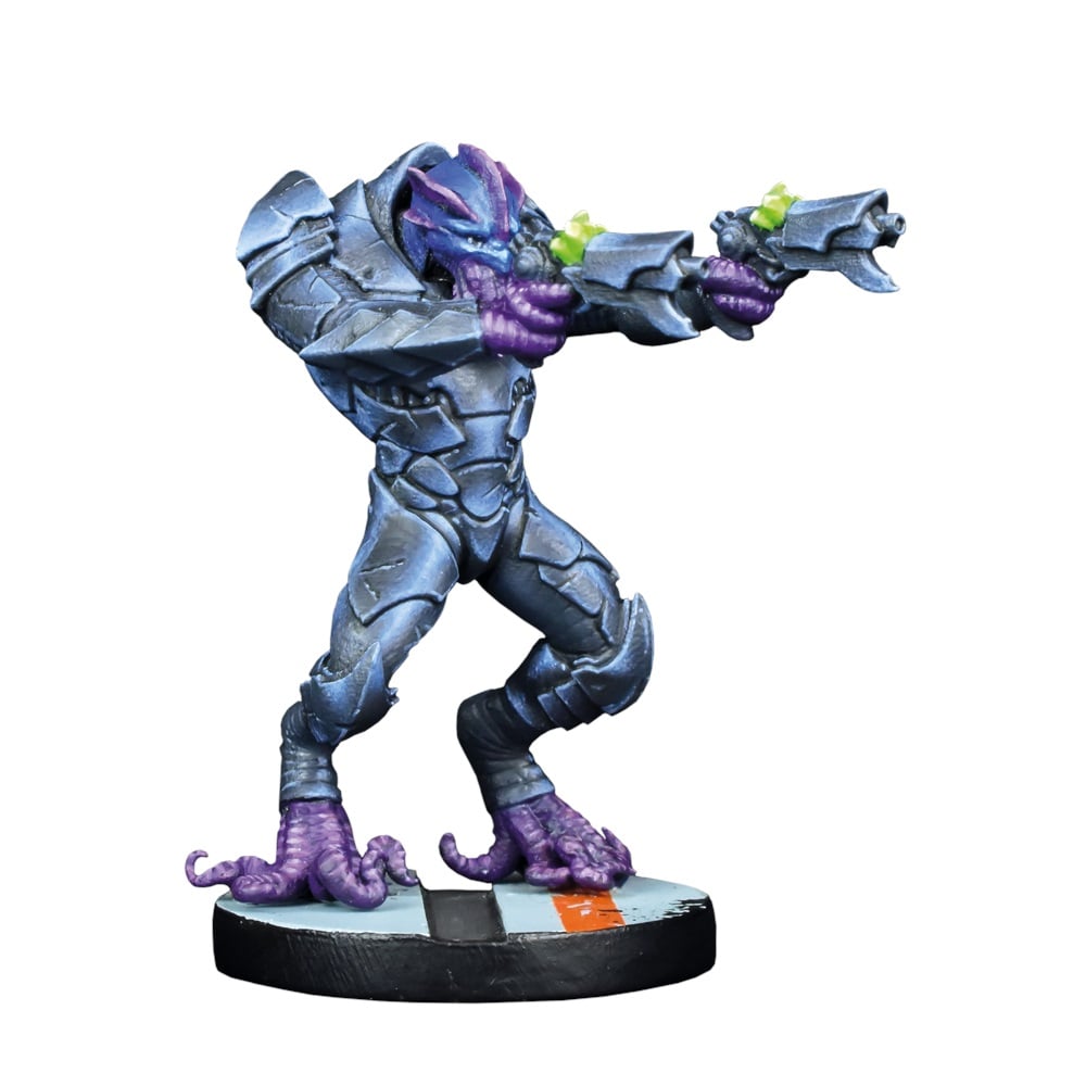 An armored blue-grey alien miniature with purple features aiming a futuristic gun