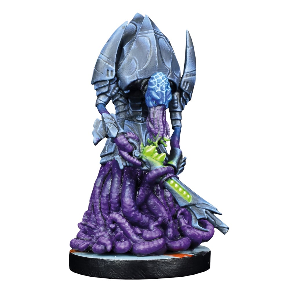An armored blue alien miniature with an octopus-like head, purple tentacles for a lower body, holding a glowing green sci-fi weapon