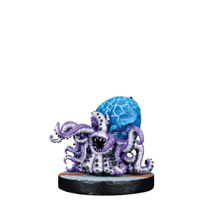 Purple tentacled monster miniature with a gaping mouth and blue, lightning-patterned head on a black base