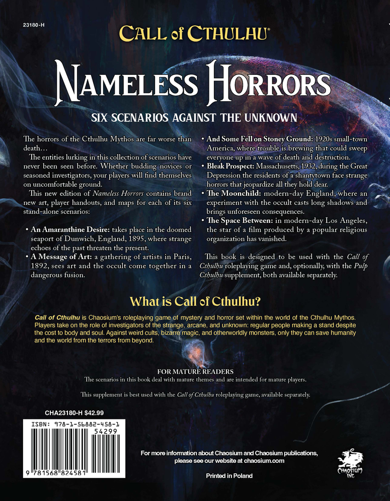 The back of the Nameless Horrors book shows its title over text descriptions and a dark background with a subtle, shadowy figure