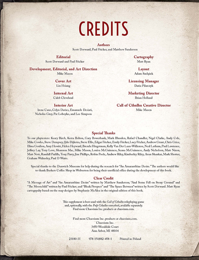 A page from the Call of Cthulhu RPG - Nameless Horrors Book showing the comprehensive credits section, special thanks, and publication details