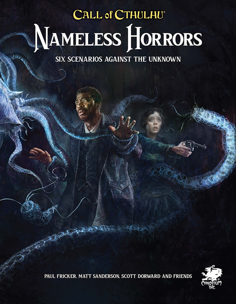 The cover of Call of Cthulhu RPG - Nameless Horrors Book shows a man and a woman recoiling from glowing blue tentacles in a dark, ominous setting