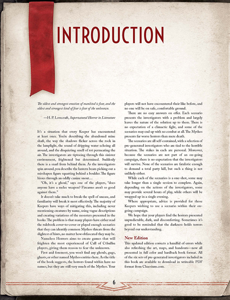 An open page from the Call of Cthulhu RPG - Nameless Horrors Book showing a red bookmark, the heading INTRODUCTION&quot;, and two columns of text with page number 6