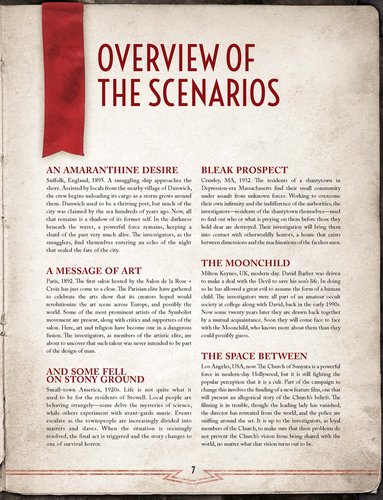 A page from the Call of Cthulhu RPG - Nameless Horrors Book displays the red title OVERVIEW OF THE SCENARIOS&quot;, a red bookmark, and multiple text sections with page 7