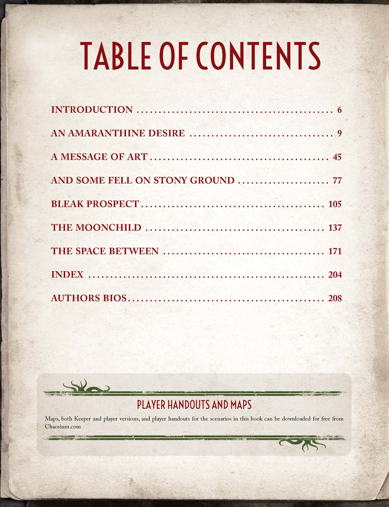 A page from the Call of Cthulhu RPG Nameless Horrors Book displaying its table of contents and a note about player handouts and maps available for download