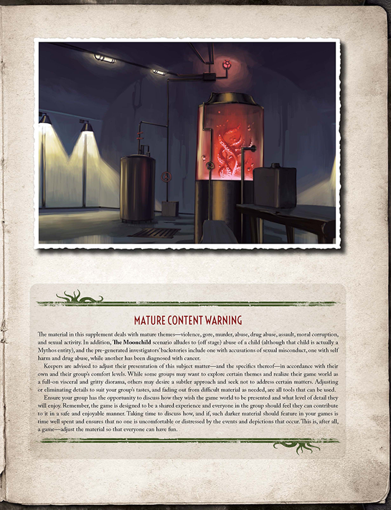 A page from the Call of Cthulhu RPG - Nameless Horrors Book displaying an illustration of a dark lab with a red-glowing tank holding tentacled creatures, pipes, and industrial equipment