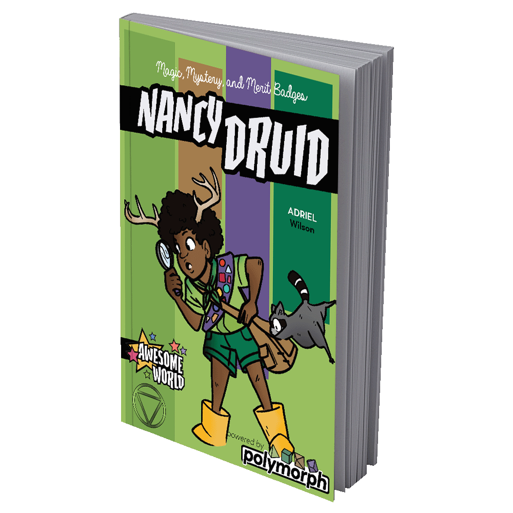 The Nancy Druid RPG book cover features a scout-like character with antlers holding a magnifying glass, accompanied by a flying raccoon