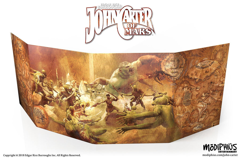 John Carter of Mars RPG screen: John Carter battling a giant ape-like creature and green aliens in a city. Maps on sides