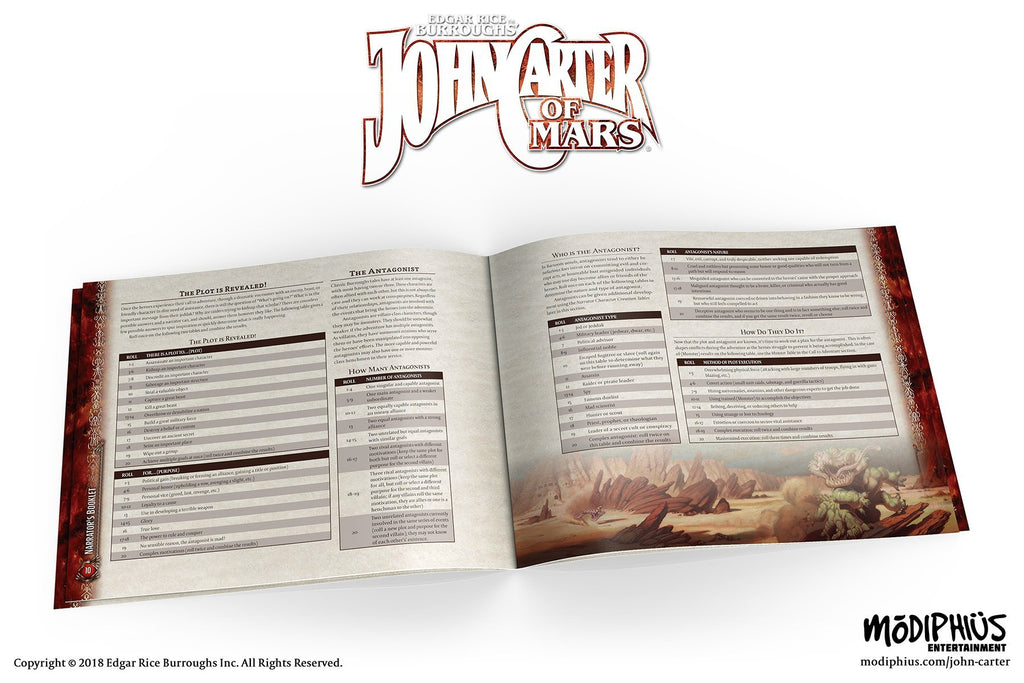 Open John Carter of Mars RPG rulebook, showing game rules tables and an illustration of a green Martian monster in a rocky landscape