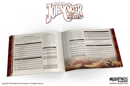 Open John Carter of Mars RPG rulebook, showing game rules tables and an illustration of a green Martian monster in a rocky landscape