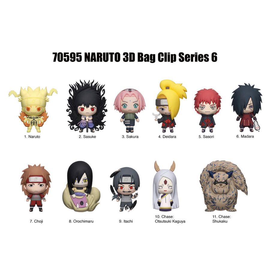 70595 Naruto 3D Bag Clip Series 6 features 11 stylized figures: Naruto, Sasuke, Sakura, Deidara, Sasori, Madara, Choji, Orochimaru, Itachi, Otsutsuki Kaguya, and Shukaku