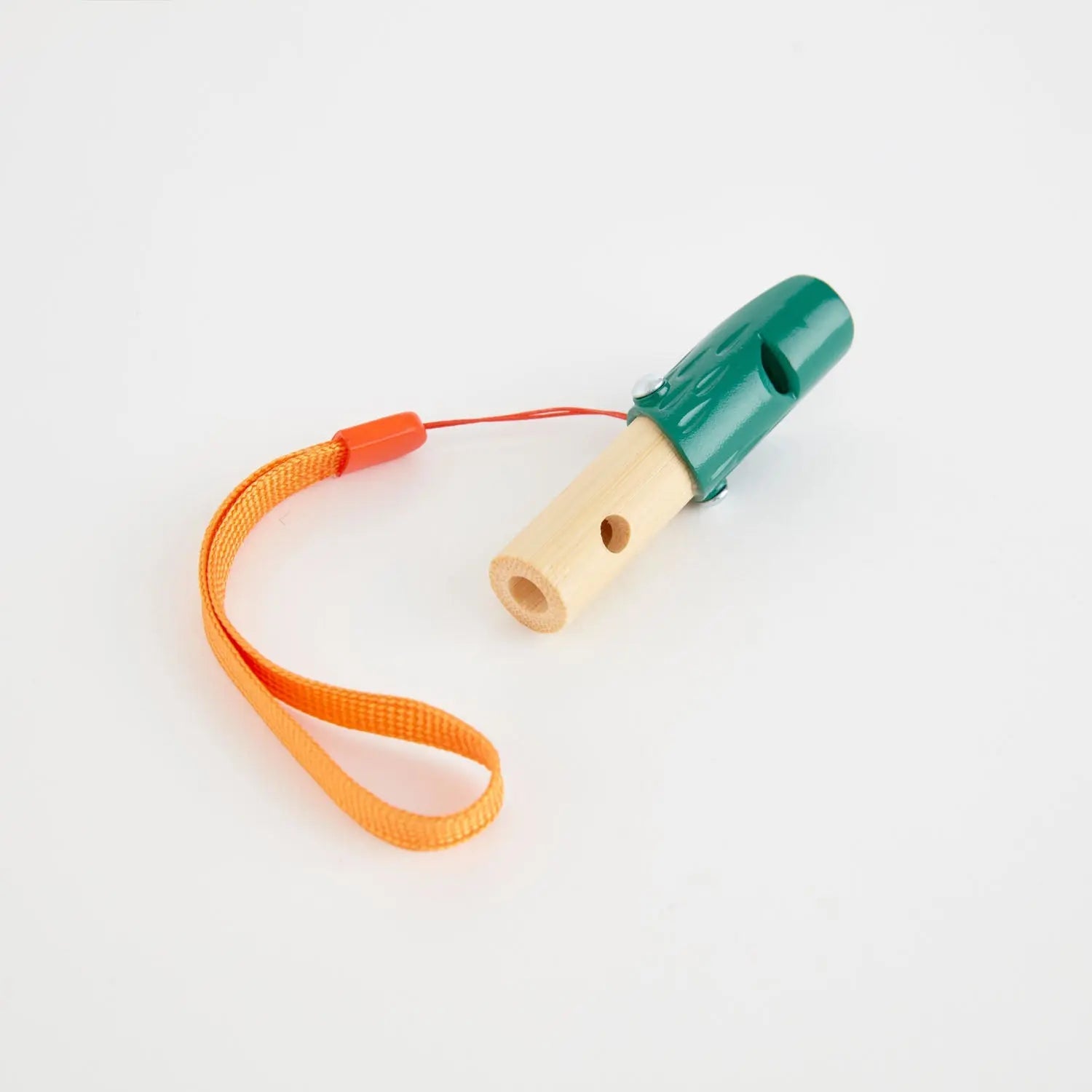 Wooden whistle with a dark green cap and an attached orange lanyard, set against a white background