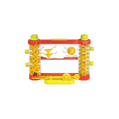 Red and yellow insect habitat with clear panels, yellow maze tunnels, helix columns, and a yellow base with a snail-shaped tool