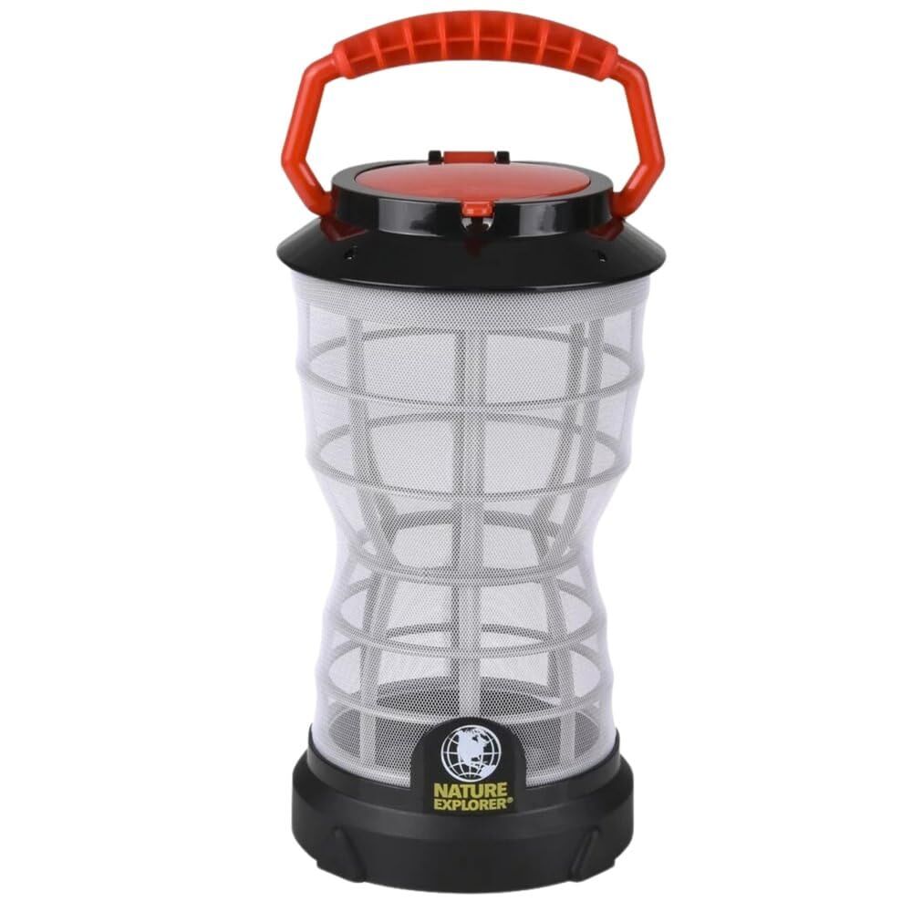 Nature Explorer bug viewer/habitat with a red handle, black top and base, and white mesh body with internal grid for insects