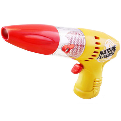 Yellow and red "Nature Explorer" toy bug vacuum with a clear collection chamber, red nozzle, and trigger