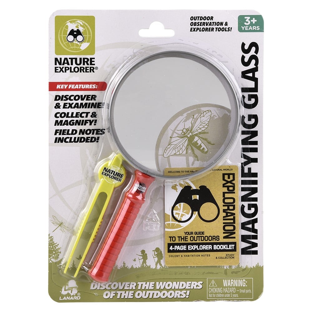 Nature Explorer magnifying glass kit in packaging, with tweezers, specimen jar, and explorer booklet, outdoor observation & discovery tools for kids