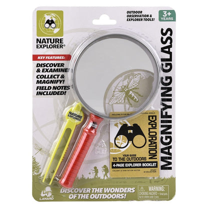 Nature Explorer magnifying glass kit in packaging, with tweezers, specimen jar, and explorer booklet, outdoor observation & discovery tools for kids