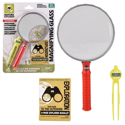 Nature Explorer kit: large magnifying glass with red handle, yellow & red bug viewers, and a "Your Guide to the Outdoors" booklet