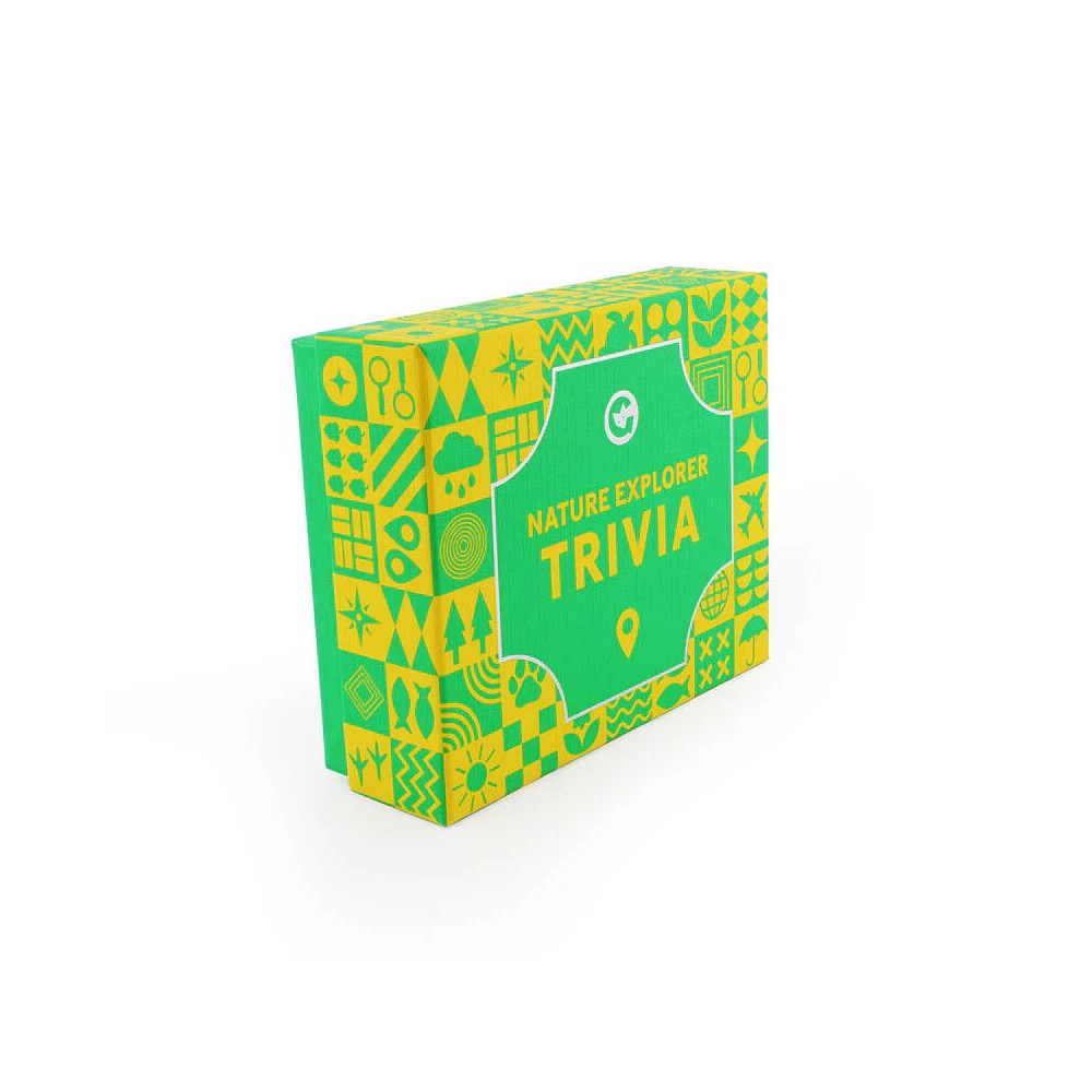 Green and yellow 'Nature Explorer Trivia' game box, covered in nature-themed patterns